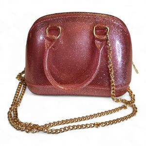 Pink Glitter Jelly Bag Purse with Gold-tone Chain Strap Y2K 7" Long